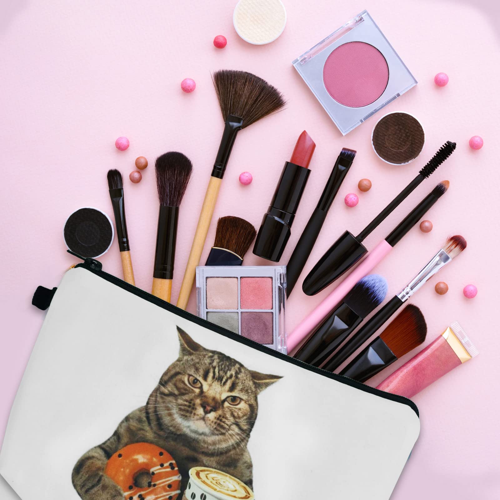 Cosmetic Bags for Women Small Funny Cat Holding Donut and Coffee Makeup Bag for Purse Travel Toiletry Bag Accessories Organizer