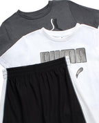 PUMA Boys' Short Set - 3 Piece Short Sleeve Graphic T-Shirts and Active Shorts Outfit Set for Boys (Sizes: 2T-7), Size 4, White/