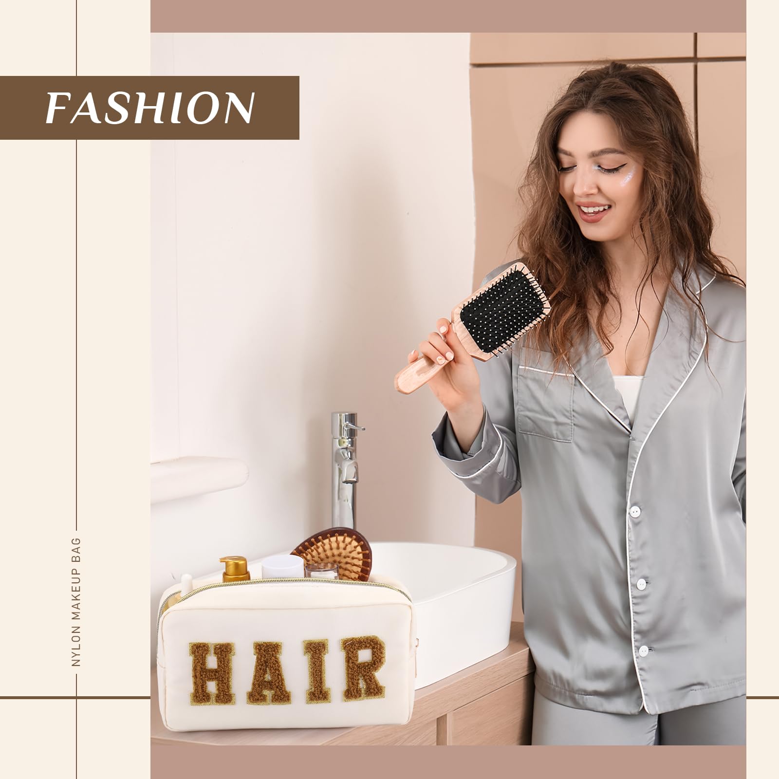 4 Pcs Preppy Makeup Bag Chenille Letter Nylon Cosmetic Bag Makeup Organizer Bag Toiletry Cosmetic Case Preppy Bag with Zipper St