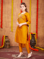 Aarika Girls Ethnic Wear Mustard Colour Zari Thread Embroidery Silk Kurti Pant Set