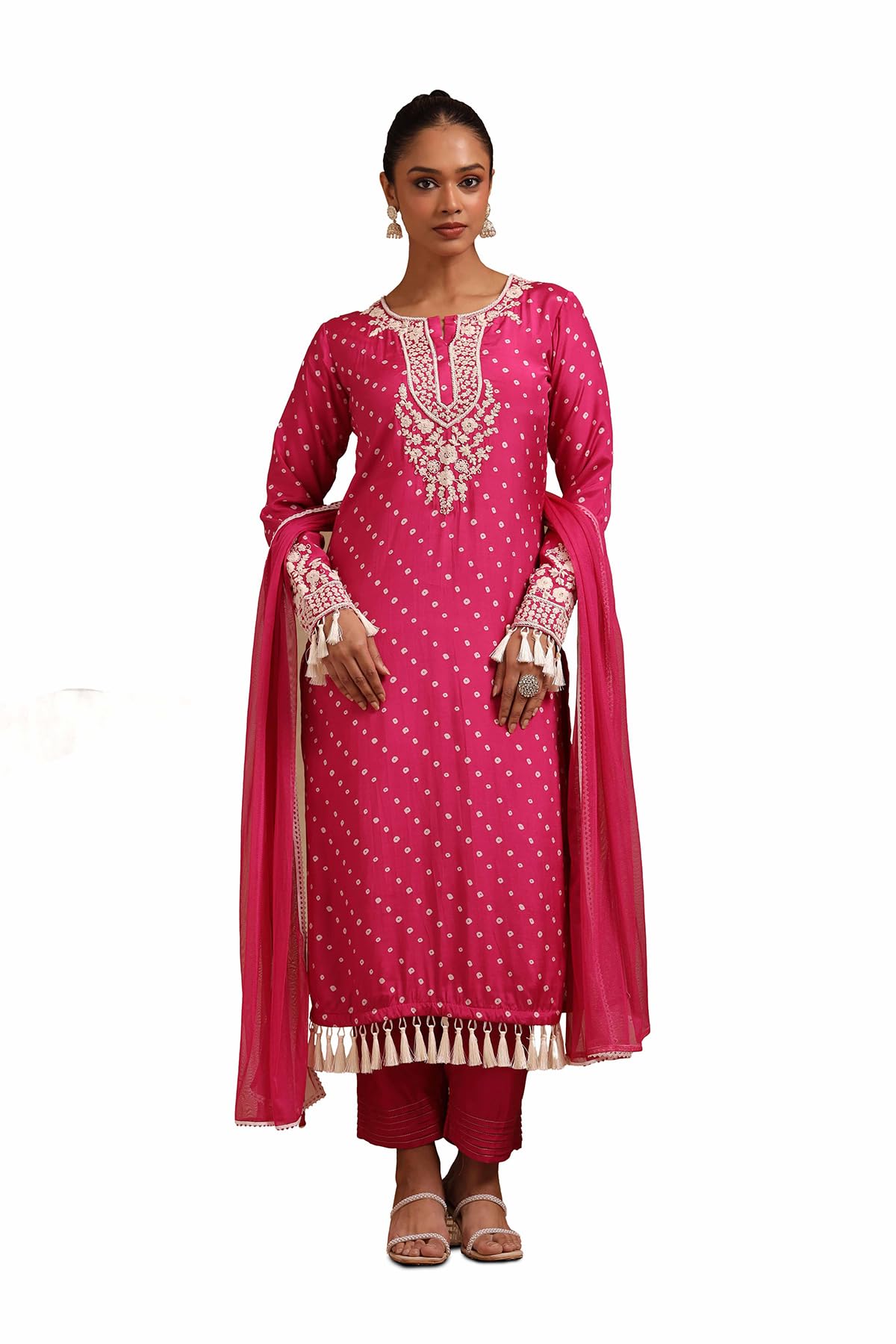 Soch Women Russian Silk Bandhani Print Suit Set with Tassels