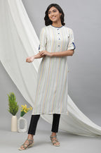 Aurelia Women'S White Geometric Yarn Dyed Viscose Straight Kurta