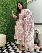 ANNI DESIGNER Womens Rayon Blend Straight Printed Kurta with Pant & Dupatta (Fuldani Pink_XL_Pink_X-Large)