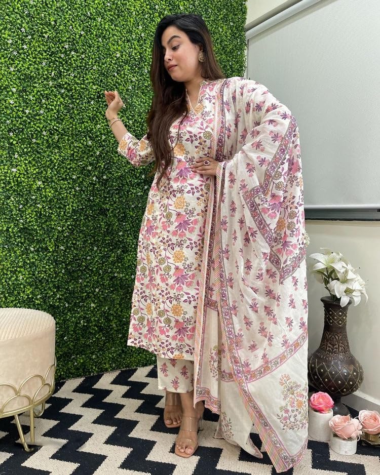 ANNI DESIGNER Womens Rayon Blend Straight Printed Kurta with Pant & Dupatta (Fuldani Pink_XL_Pink_X-Large)