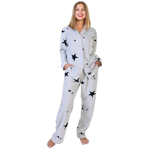 Angelina Women's Cozy Fleece | Gray Star Pajamas for Women| Sweet Dreams | Star Pajama Set with Pockets PJ56_2XL