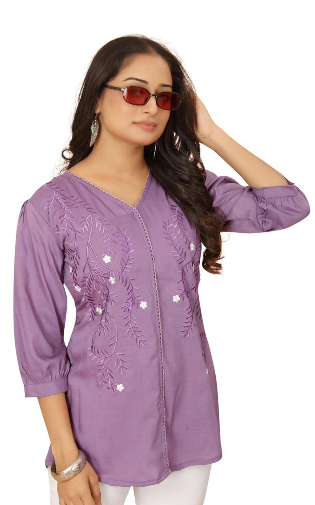 Kesudi WomenS Embroidered Regular Fit Tunic Shirt With Collar Neck - Full Sleeves - Elegant Button-Down Shirt For Office, Casua