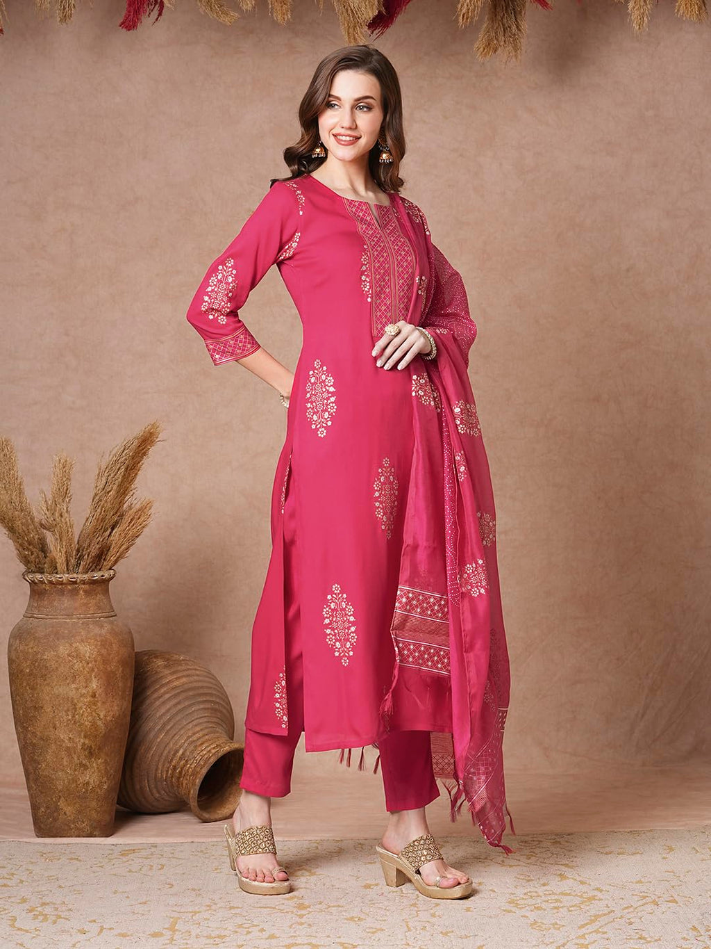 ANNI DESIGNER Ladies Rayon Printed Kurta with Trousers, pink, XL