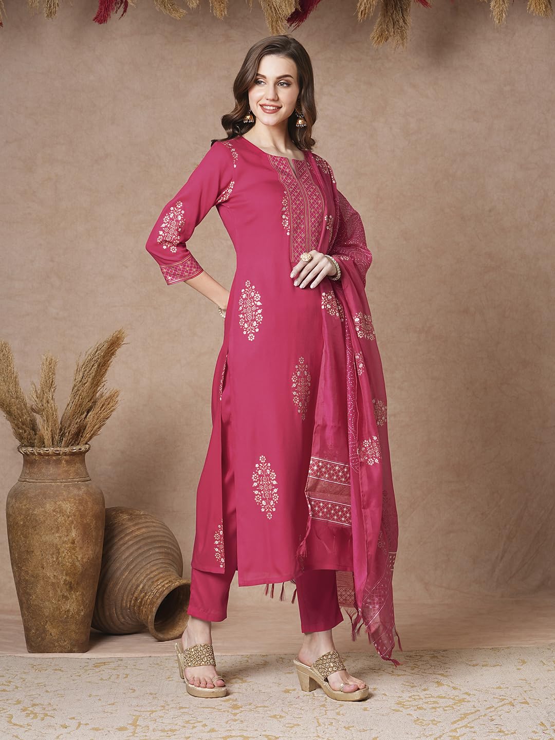 ANNI DESIGNER Ladies Rayon Printed Kurta with Trousers, pink, XL