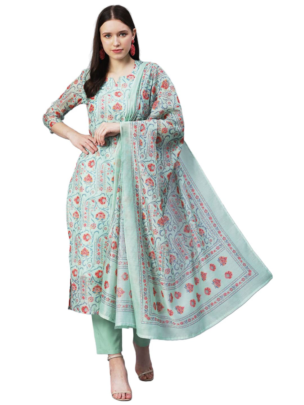 Gosriki Women'S Cotton Blend Printed Straight Kurta With Pant & Dupatta (Totara Green-Gs_S_Green_Small)