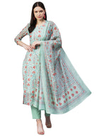 Gosriki Women'S Cotton Blend Printed Straight Kurta With Pant & Dupatta (Totara Green-Gs_S_Green_Small)