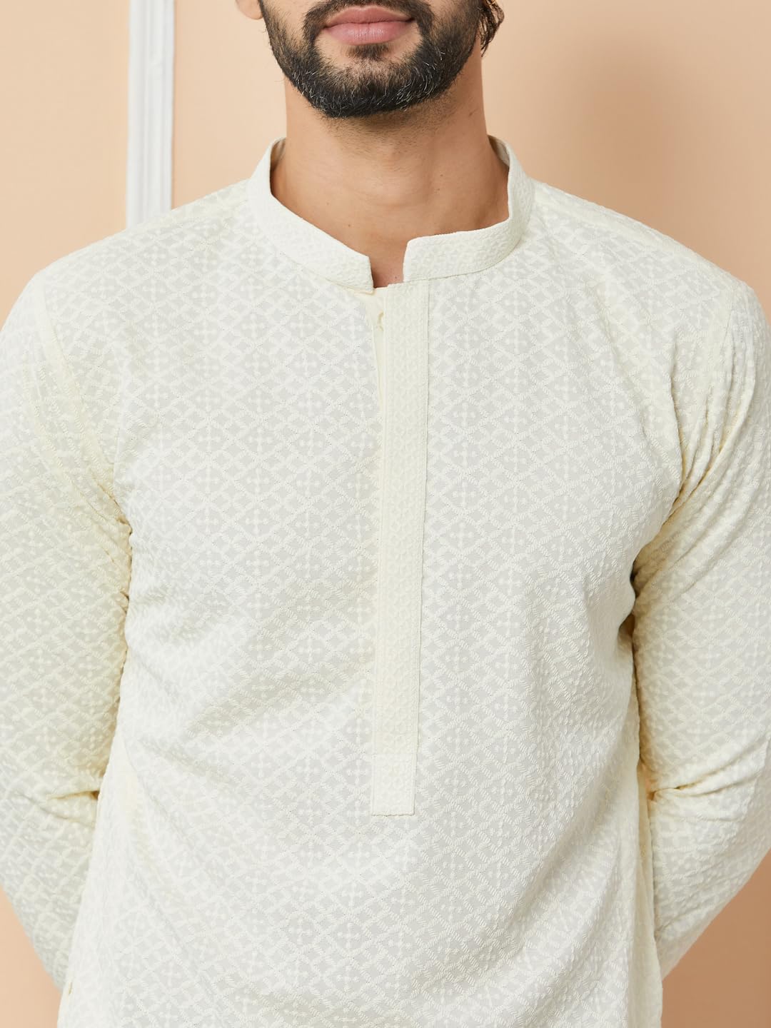 See Designs MenS Long Sleeve Mandarin Collar Side Slit Cream Embroidered Chikankari Rayon Straight Kurta With Pyjama - Sdkt2563