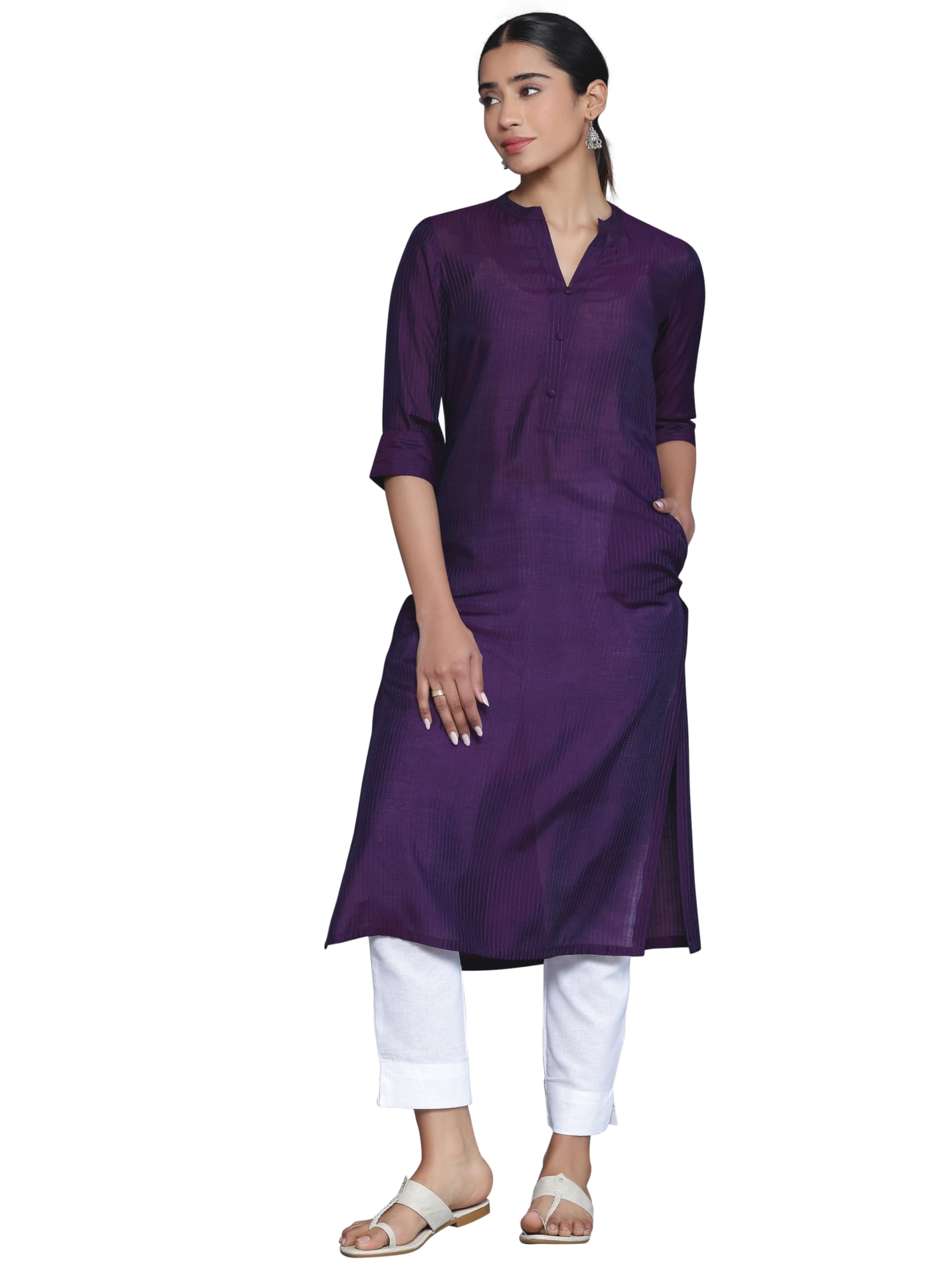 Libas Womens Woven Design Silk Straight Kurta For Women Purple