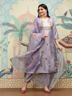 Ishin Floral Embroidered Thread Work Silk Chiffon Straight Kurta With Trousers & Dupatta | Kurta Set For Women | Kurta With Trou