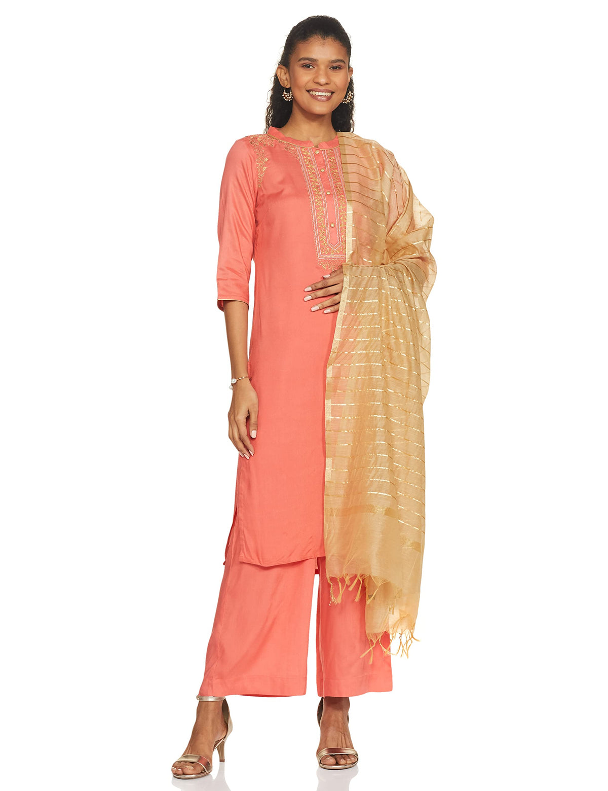 Aurelia WomenS Rayon Kurta Pant With Dupatta (21Onas12345-603276-Peach-S), Small, Pink