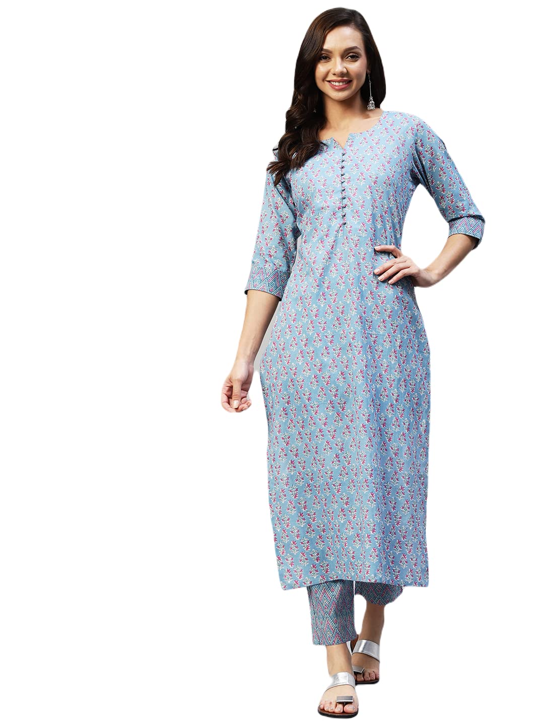 ANNI DESIGNER Womens Cotton Blend Straight Printed Kurta with Pant (Padwil Blue_M_ Blue_Medium)