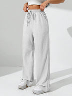Sugathari Womens White Loose Wide-Leg Pants with Textured Wrinkled Fabric and Drawstring Waist Long Trousers (Trouser 157 White