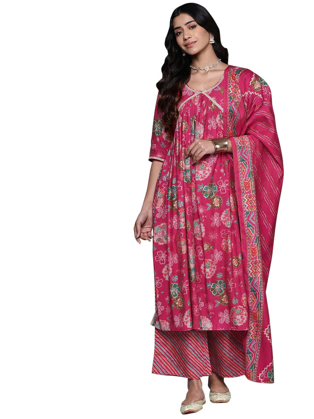 Libas Womens Printed Silk Blend A-Line Kurta With Palazzos And Dupatta