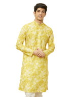 Manyavar Mens Corn Yellow Floral Printed Kurta (XL)