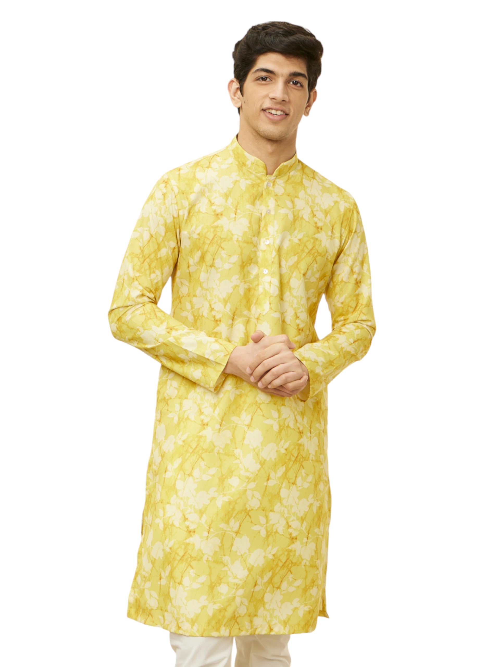 Manyavar Mens Corn Yellow Floral Printed Kurta (XL)