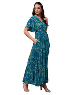 Miss Chase Womens V-Neck Half Sleeve Floral Wrap Crepe Maxi Dress (MCSS25D93-23-176-03, Multicolored Base Turquoise, S)