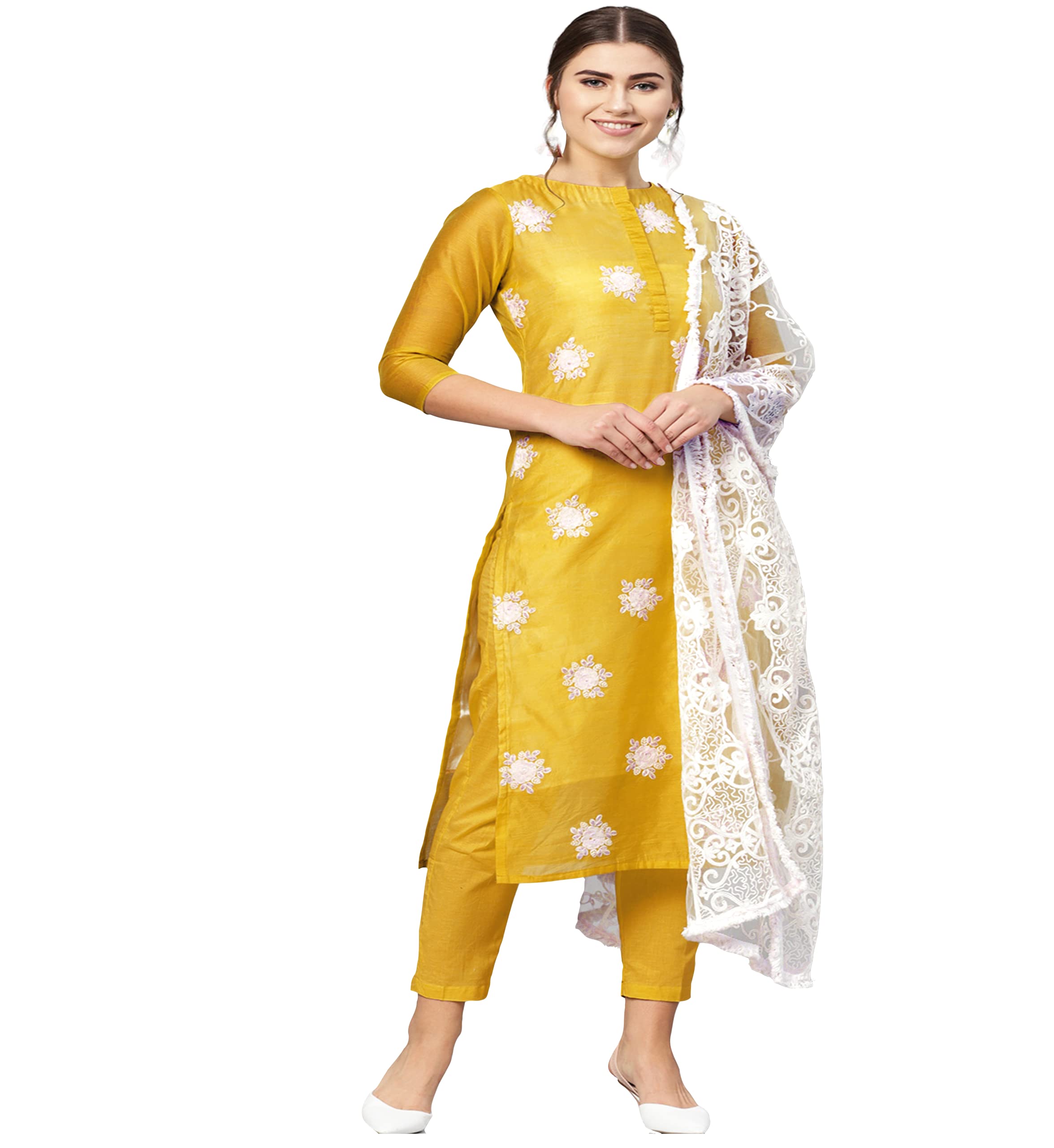 ANNI DESIGNER Women's Ruby Cotton Straight Embroidery Kurti with Pant & Dupatta Set (White-Show Multicolor_XL Multicolor_X-Large