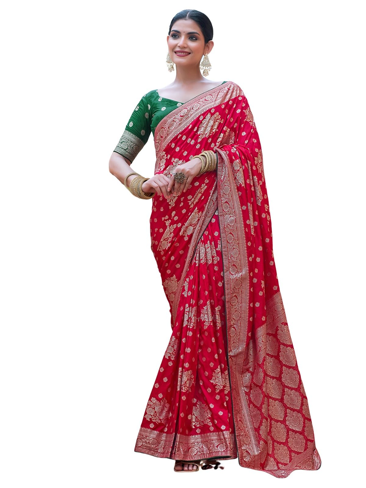 Satrani Womens Silk Blend Banarasi Jacquard Saree with Unstitched Blouse Piece (3889S313N_Red)