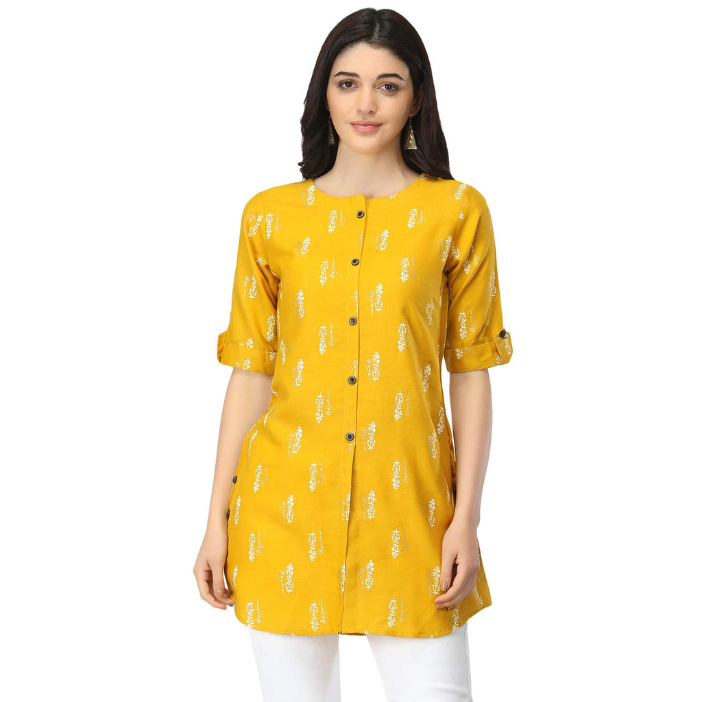 Leriya Fashion Rayon Fabric Printed Round Neck Short Kurtis For Women Top Dresses Kurti For Girls & Ladies Kurtis (X-Large, Must
