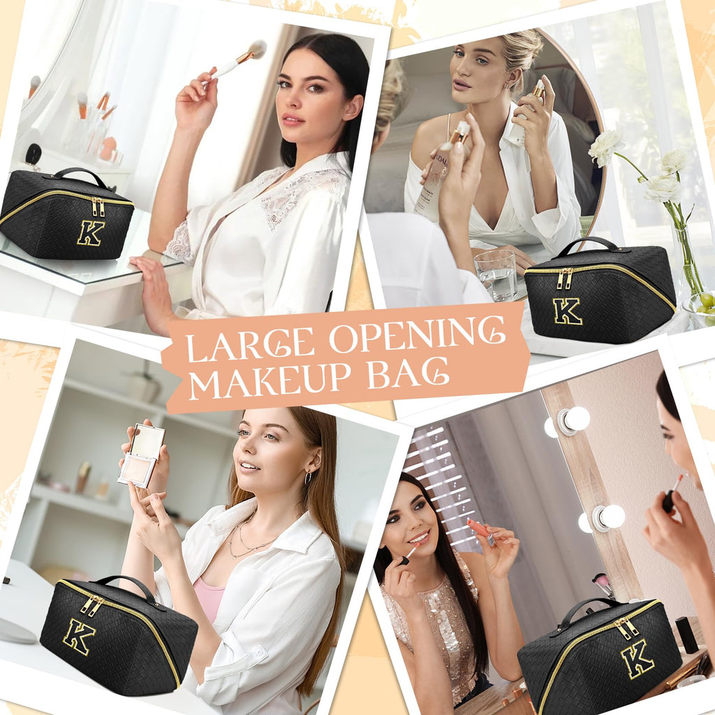 AURUZA Spacious Travel-Ready Makeup bag-Deluxe Cosmetic Bag Organizer with Adjustable Divider-Carry Handle-and Flat Lay Design-I