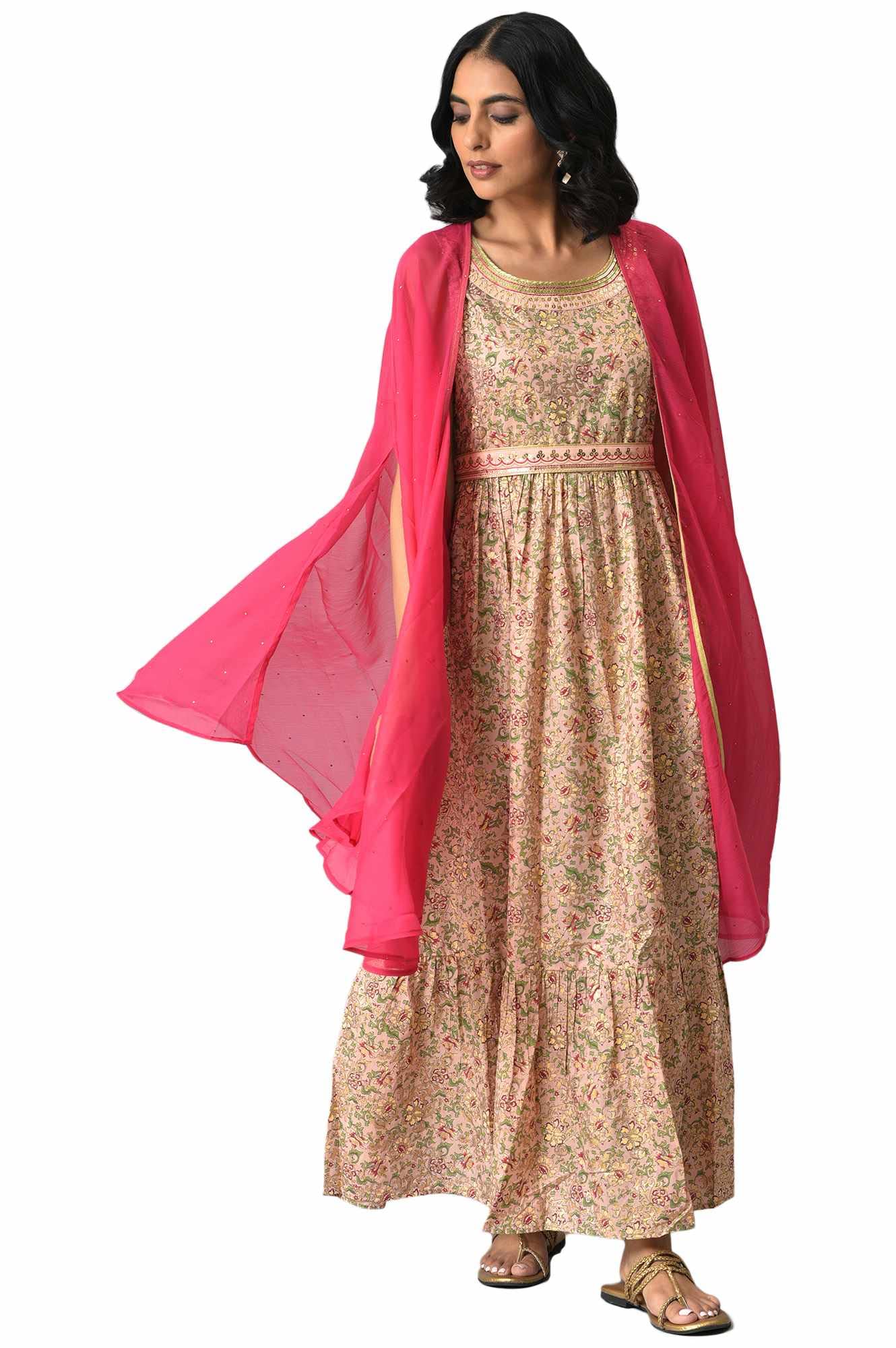 Aurelia Women Pink Printed Flared Inner Dress And Gilet Set_22Auas12657-506125_Xxl