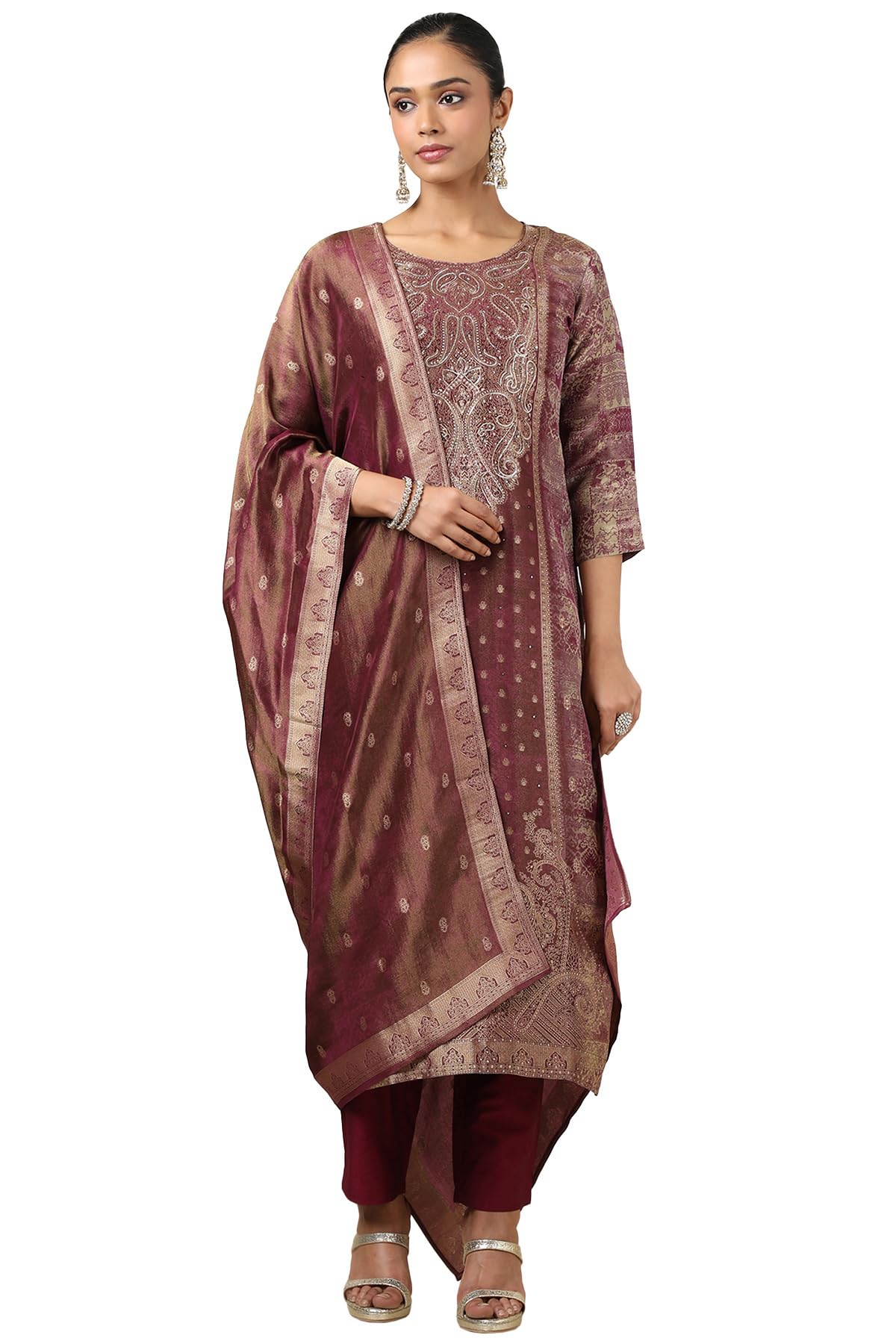 Soch Women Dola Silk Paisley Print Chudidar Set with Zari