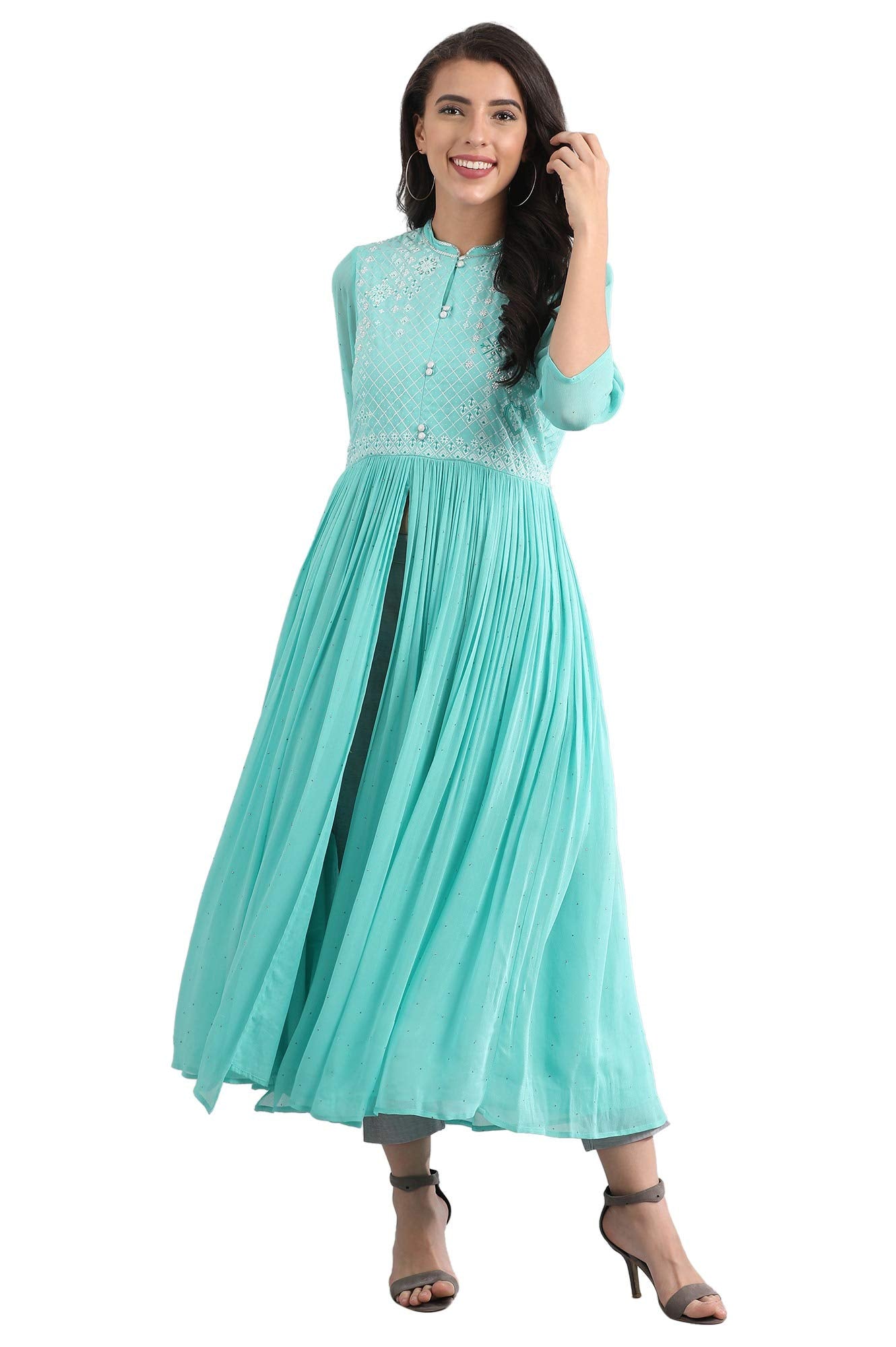 Aurelia Women'S Polyester Blue Round Neck Flared Dress Ankle Length (21Fea11238-501605 L)