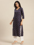 Varanga Women Navy Blue Ethnic Motifs Straight Kurta  Round Neckline With V Notch, 3/4Th Sleeves, Side Slit, Printed Design, Com
