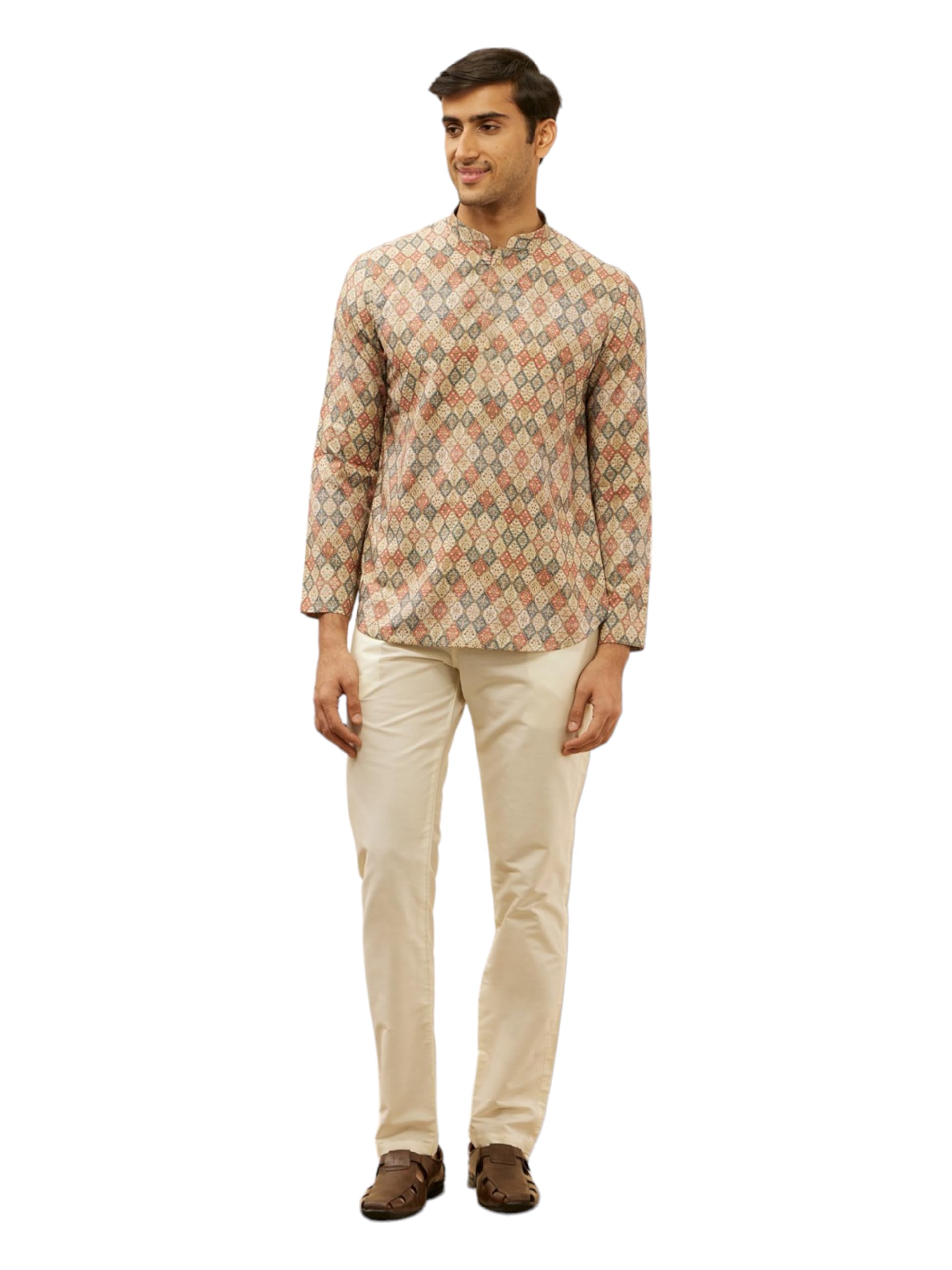 Manyavar Mens Beige Blended Viscose Printed Short Kurtas