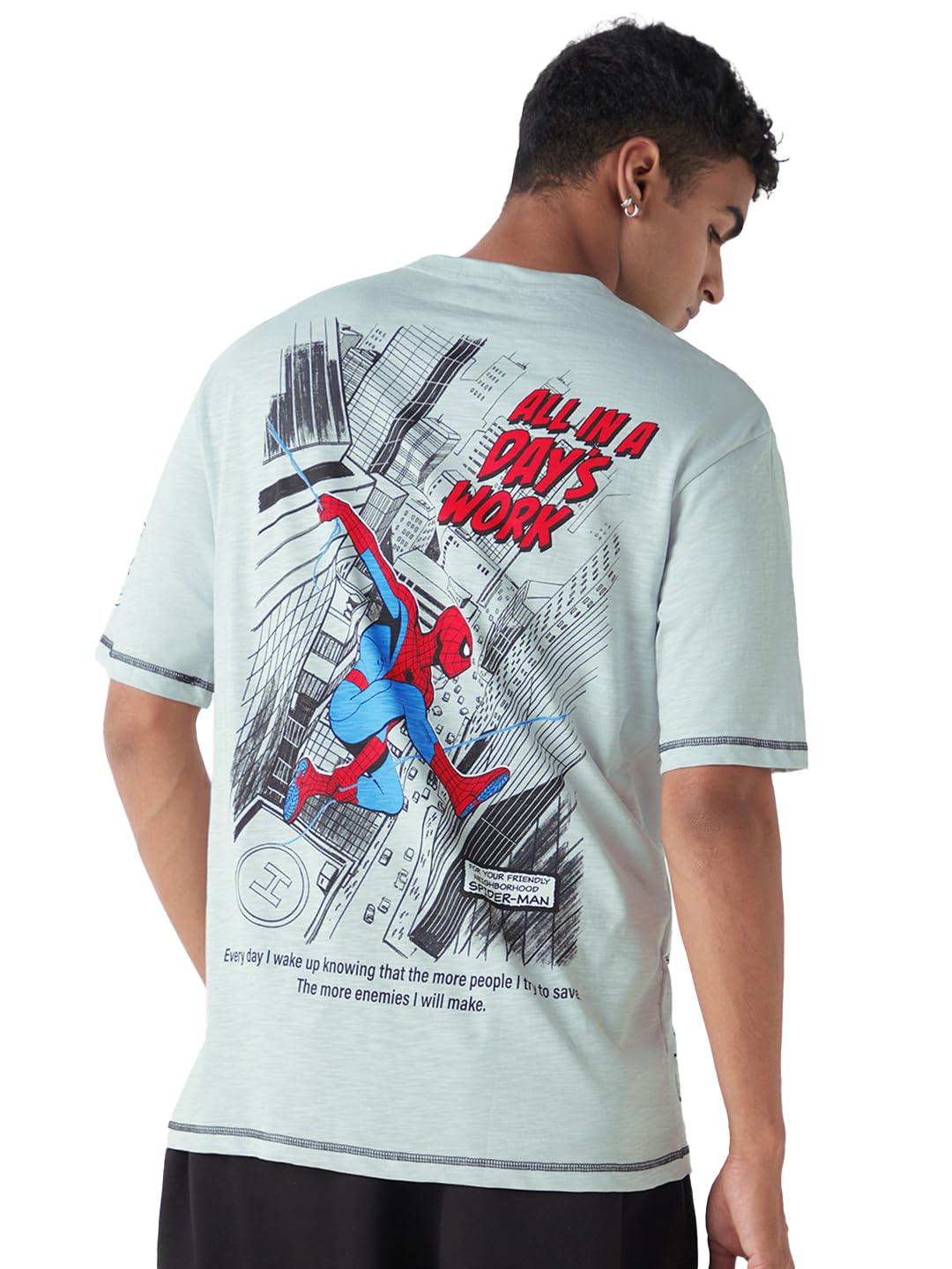 Bewakoof Air 1.0 Official Marvel Merchandise Spiderman Mens Graphic Print Oversized Fit Half Sleeve Round Neck Cotton Slub T-Sh
