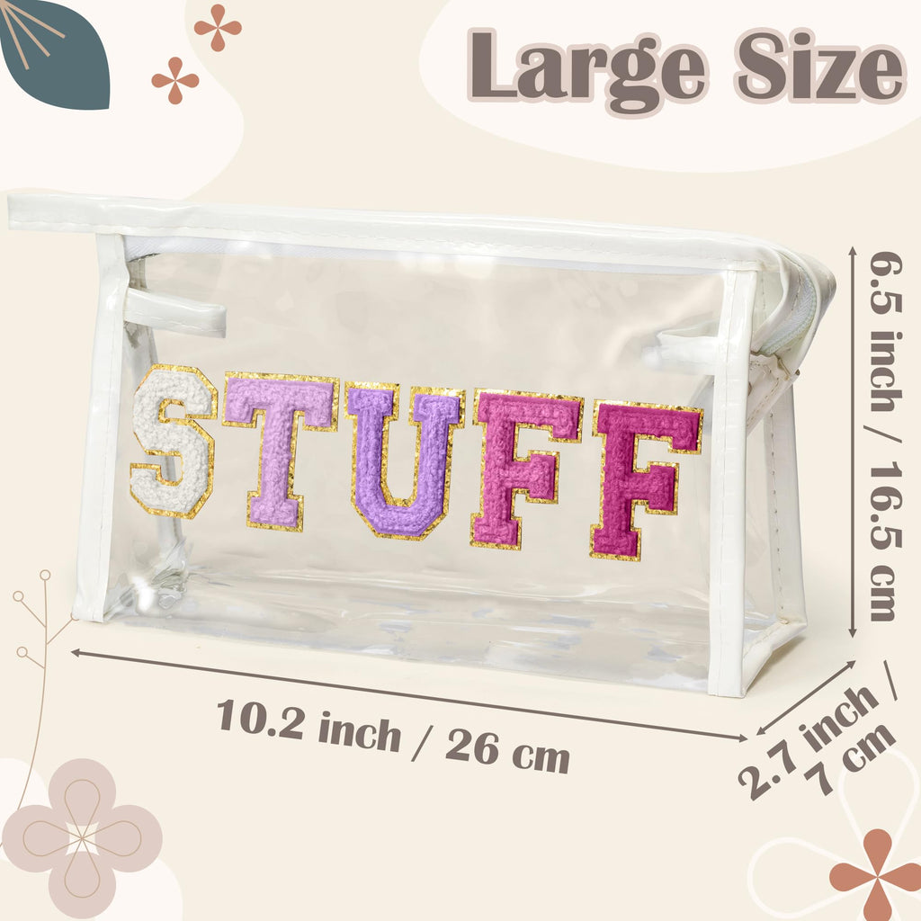 Y1tvei Clear STUFF Makeup Bag - Preppy Patch Purple Chenille Varsity Letter PVC Transparent Extra Large Cosmetic Pouch Portable
