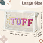Y1tvei Clear STUFF Makeup Bag - Preppy Patch Purple Chenille Varsity Letter PVC Transparent Extra Large Cosmetic Pouch Portable