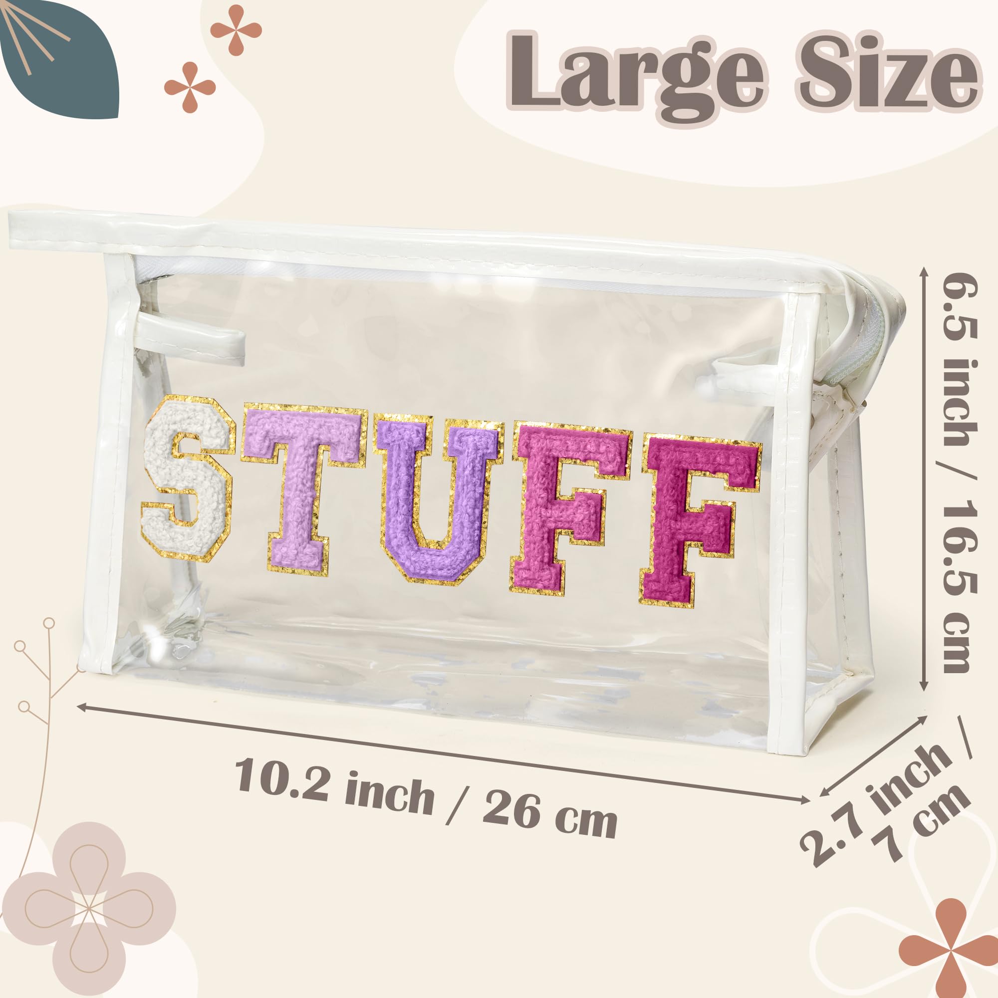 Y1tvei Clear STUFF Makeup Bag - Preppy Patch Purple Chenille Varsity Letter PVC Transparent Extra Large Cosmetic Pouch Portable