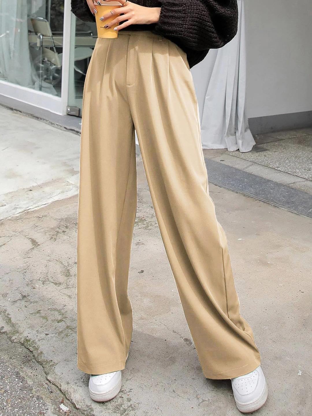 Kotty Womens Cotton Blend Straight Fit Solid Trousers Cream