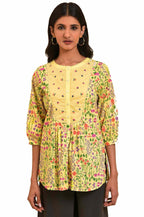W For Woman Yellow Cotton Floral Printed Tunic Top With Thread Embroidery