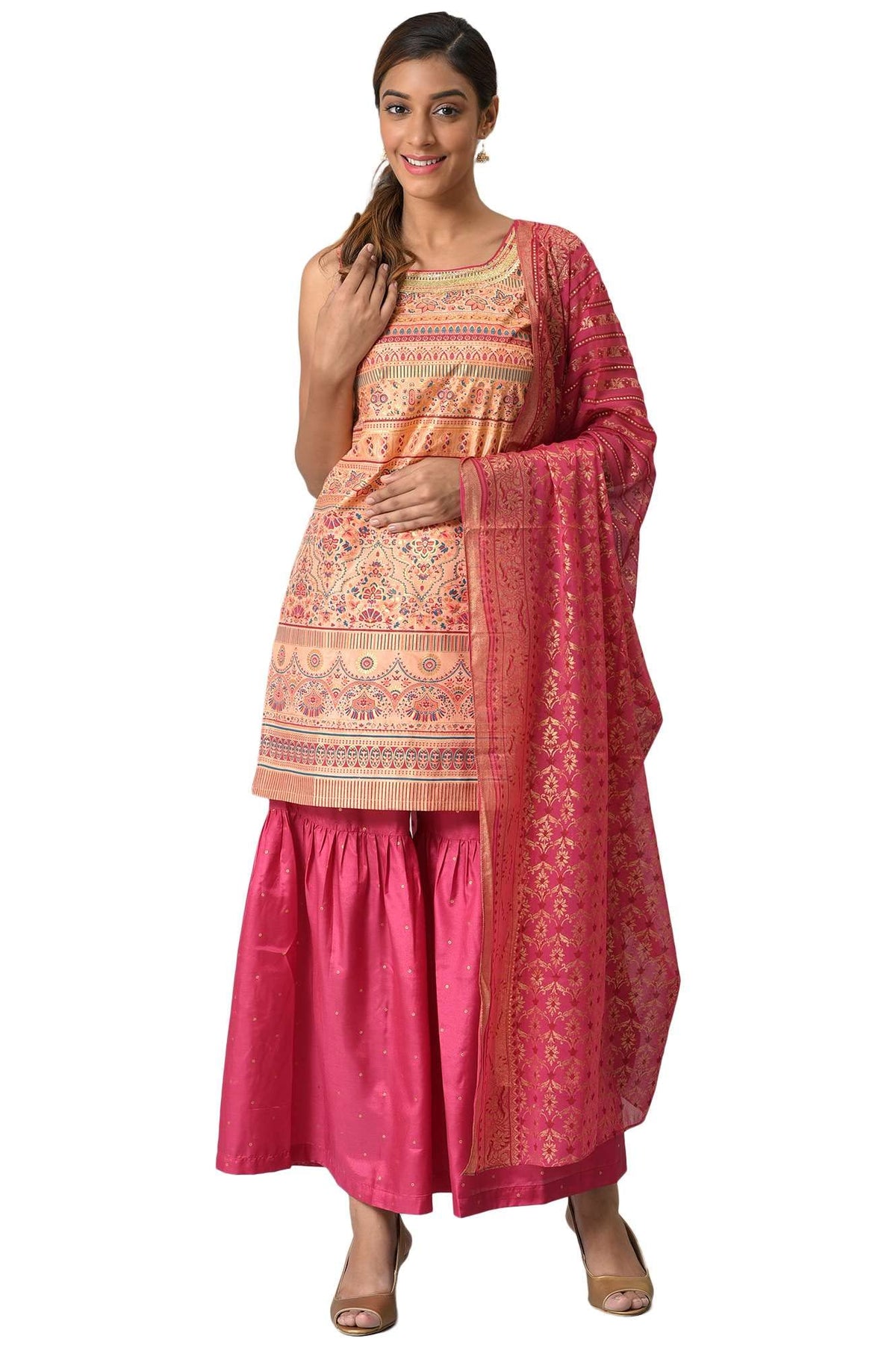 Aurelia WomenS Peach Foil Printed Sleeveless Kurta With Pink Sharara And Dupatta_22Auas13525-505441_S