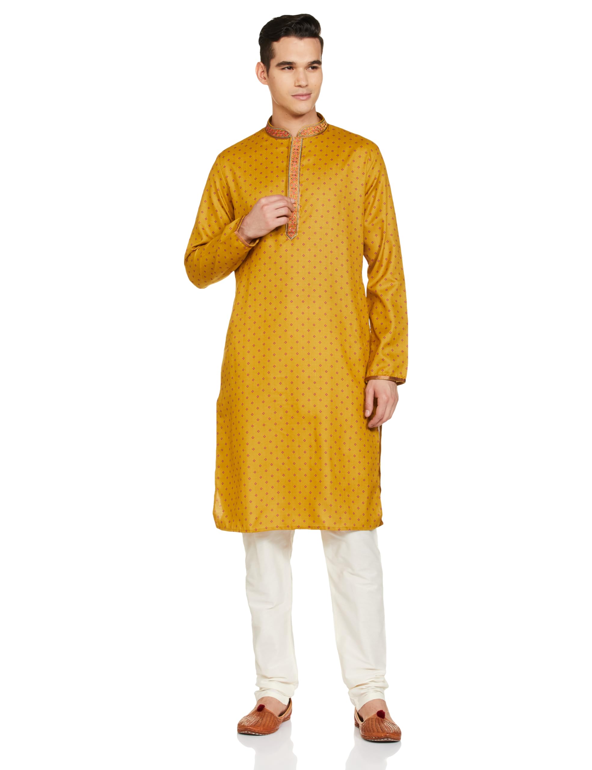 Manyavar Mustard Blended Viscose Printed Casual Kurta Set For Men