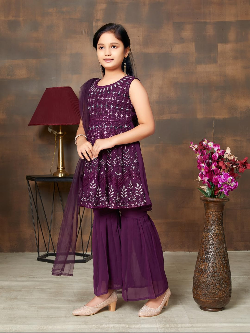 Aarika Girls Ethnic Wear Purple Colour Sequin Embroidery Georgette Kurti Sharara Set (4-10 Years)