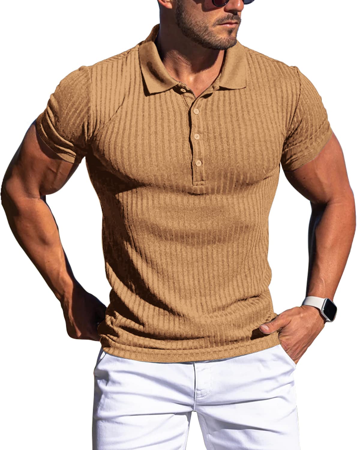 Muscle Polo Shirts for Men Slim Fit Short Sleeve Golf Shirts Men Dry Fit Shirts Casual Stylish Clothes Khaki