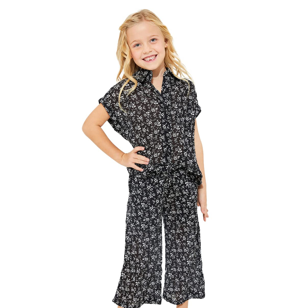 Cherry Crumble Cotton Black Digital Prints Short Sleeves Girls Casual Fluid Moony Bottom Set Summer Top & Bottom Set | Top & Bot 13-14
