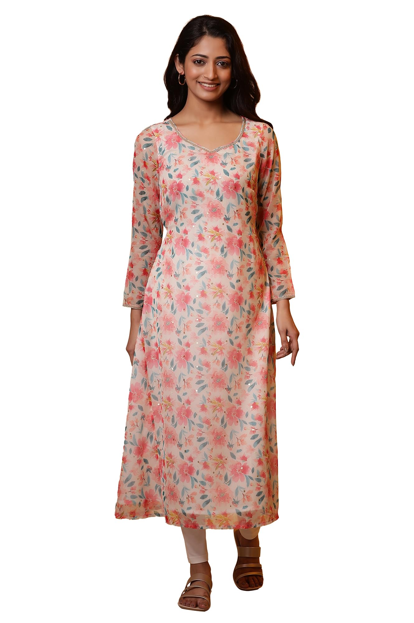 Aurelia WomenS Floral Printed Lace Straight Kurta | Sweatheart Neck Kurta For Women | Floral Printed Kurta For Women | Beautiful