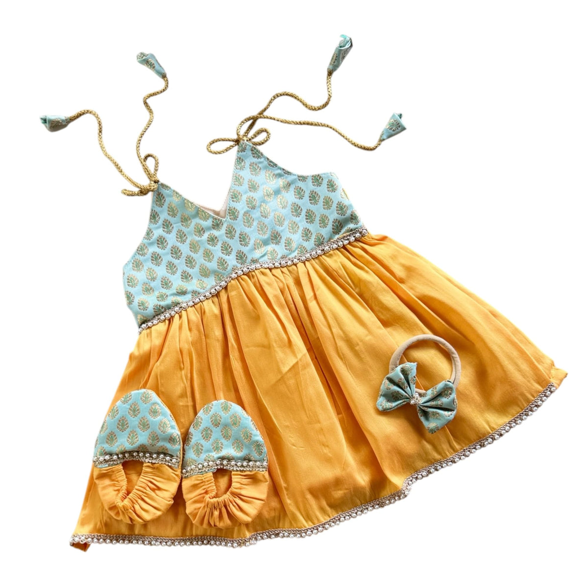 Picksparrow Baby Girl Traditional Dress/Ethnic Wear With Headband And Booties (In, Age, 0 Months, 3 Months, Yellow) 0-3