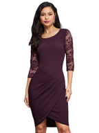 Miss Chase WomenS Self Design Round Neck 3/4Th Sleeves Bodycon Knee Length Dress (Mcss23D16-43-289-05, Dark Purple, L)