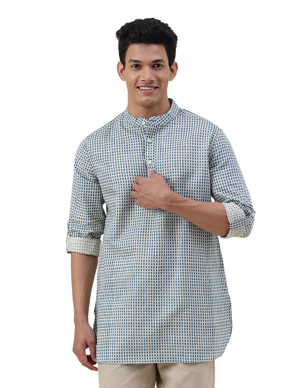 Fabindia Men Linen Blend Printed Slim Fit Short Kurta Teal_S