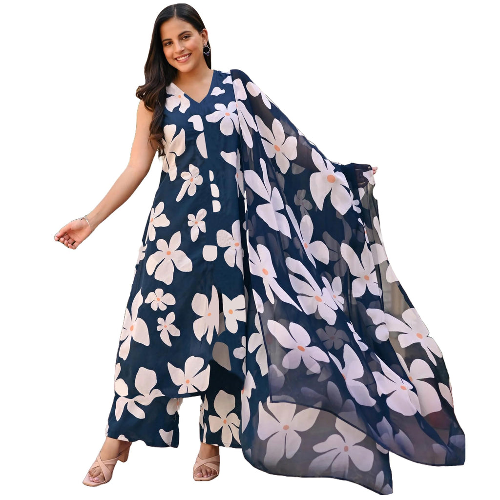 ANNI DESIGNER Women 's Casual Rayon Kurta with Pants and Dupatta, Blue, Medium