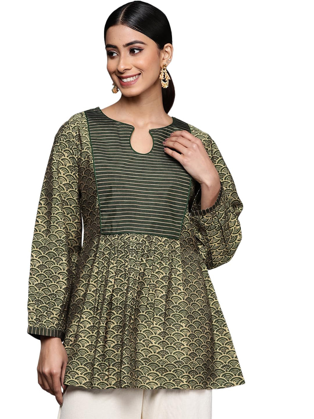 Libas Womens Printed Silk Blend A-Line Kurti For Women Green